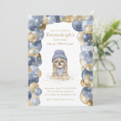 Yorkie Two Cute Navy Blue Gold ballonvaardag Kaart (Staand voorkant)