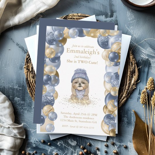 Yorkie Two Cute Navy Blue Gold ballonvaardag Kaart