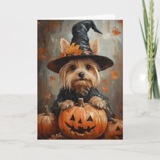 Yorkie Witch Halloween Feestdagen Kaart (Voorkant)