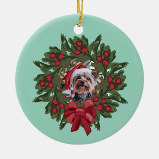 Yorkie Wreath Christmas Ornament (Voorkant)