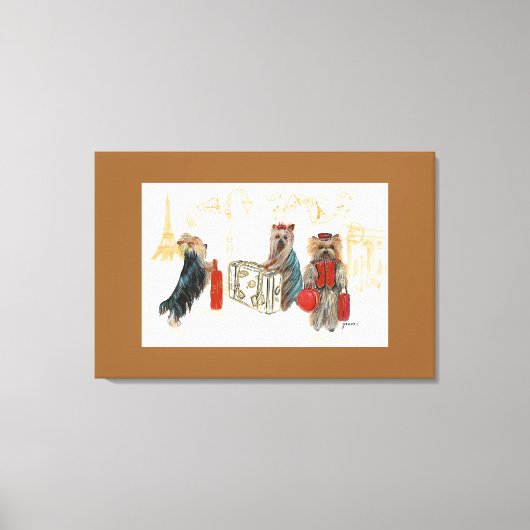 Yorkies & Eiffeltoren in Parijs Reizen Canvas Afdruk (Voorkant)