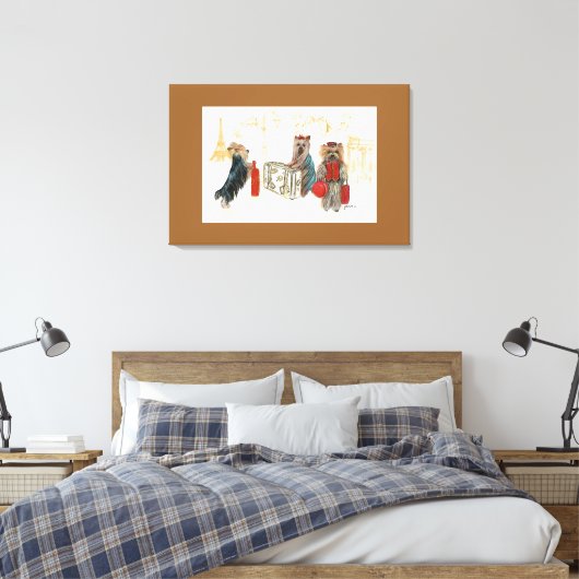 Yorkies & Eiffeltoren in Parijs Reizen Canvas Afdruk (Insitu (Slaapkamer))