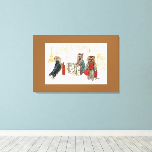 Yorkies & Eiffeltoren in Parijs Reizen Canvas Afdruk (Insitu (Houten vloer))