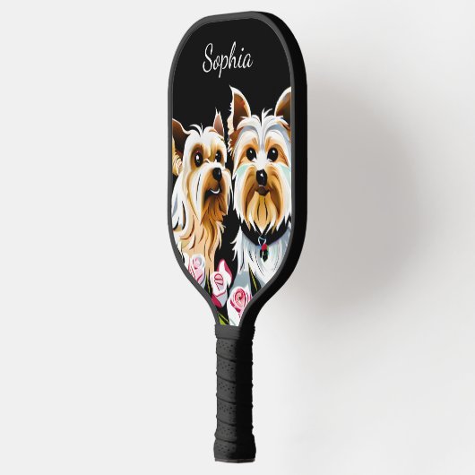 Yorkies en roze rozen pickleball paddle (Links)