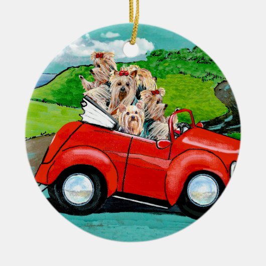 Yorkies in Red Convertible Keramisch Ornament (Voorkant)