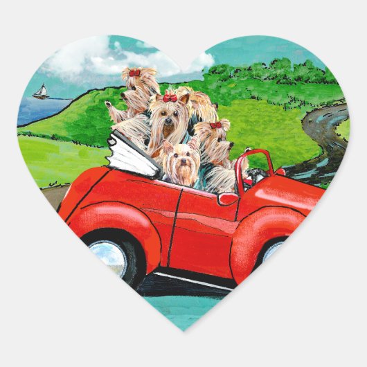 Yorkies in rode cabriolet Stickers (Voorkant)