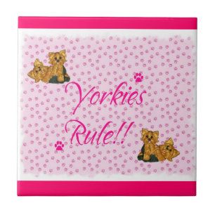 Yorkies Rule Pawprint Tile ~ roze Tegeltje