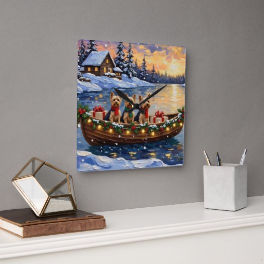 Yorkipoo Christmas Boat Holiday Vierkante Klok (Kantoor)