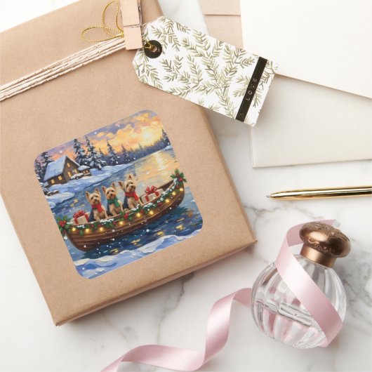 Yorkipoo Christmas Boat Holiday Vierkante Sticker (Geschenken)