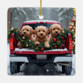 Yorkipoo Christmas Red Truck Holiday Gift Keramisch Ornament (Achterkant)