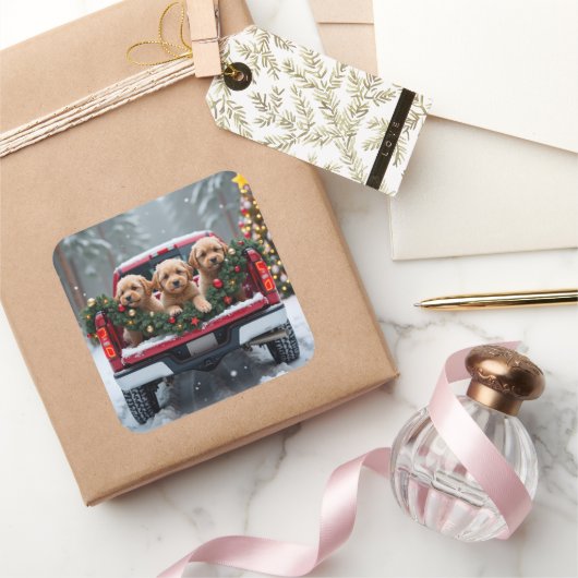 Yorkipoo Christmas Red Truck Holiday Gift Vierkante Sticker (Geschenken)