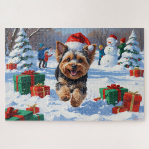 Yorkipoo die in de sneeuw rent met Kerstmuts Legpuzzel