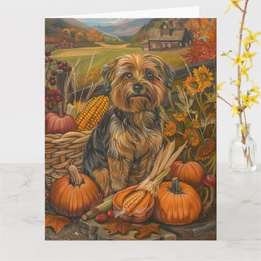 Yorkipoo Dog Autumn Harvest Thanksgiving Kaart (Gele Bloem)
