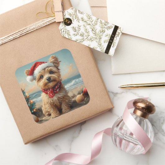 Yorkipoo Dog Christmas  Beach Vierkante Sticker (Geschenken)