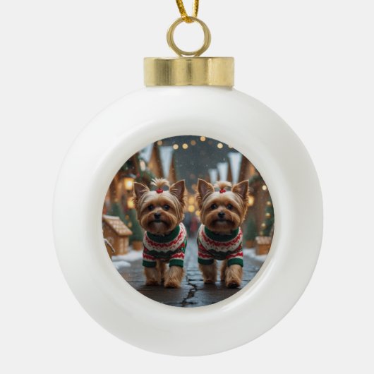 Yorkipoo Dogs Christmas Snow Holiday Keramische Bal Ornament (Voorkant)