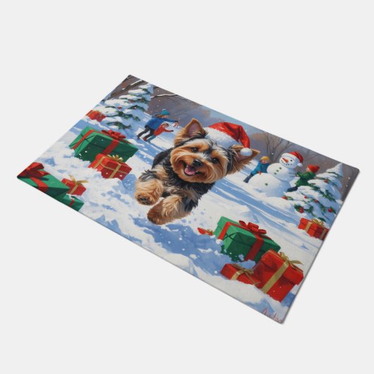 Yorkipoo Hardlopen in de sneeuw met kerst Pet Deurmat (Schuin)