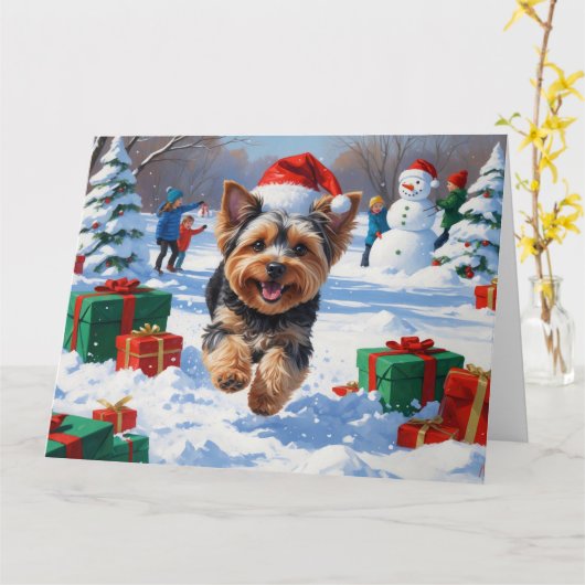Yorkipoo Hardlopen in de sneeuw met kerst Pet Kaart (Gele Bloem)