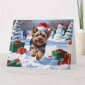 Yorkipoo Hardlopen in de sneeuw met kerst Pet Kaart (Voorkant)