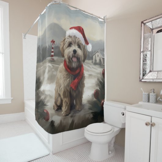 Yorkipoo Hond in Sneeuw Kerstmis Douchegordijn (In situ)