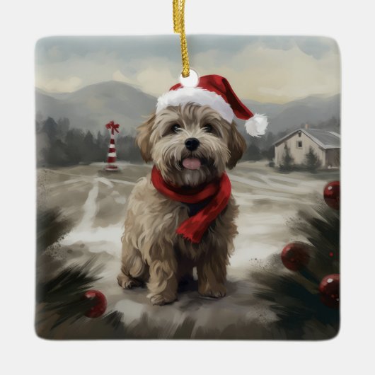 Yorkipoo Hond in Sneeuw Kerstmis Keramisch Ornament (Voorkant)