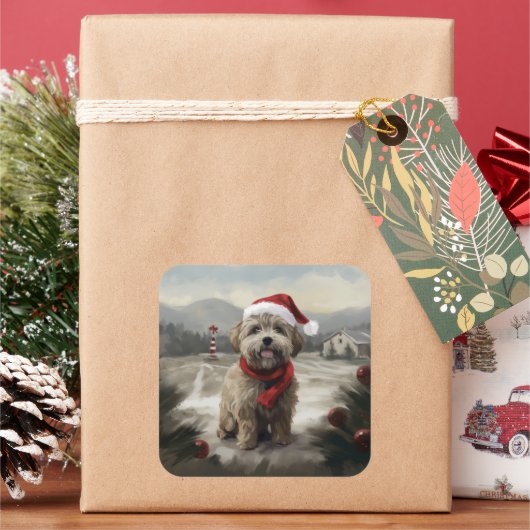 Yorkipoo Hond in Sneeuw Kerstmis Vierkante Sticker (Feestdagen)