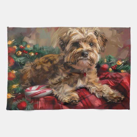 Yorkipoo Hond Kerst Feestelijk Theedoek (Horizontaal)