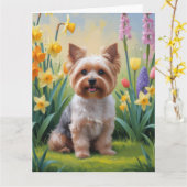 Yorkipoo-hond lente bloemen schilderij kaart (Gele Bloem)
