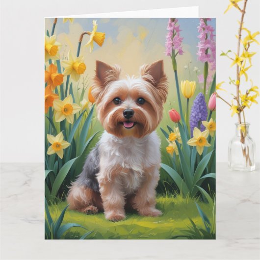 Yorkipoo-hond lente bloemen schilderij kaart (Gele Bloem)