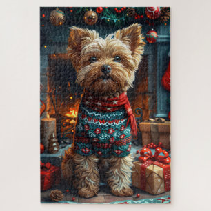 Yorkipoo-hond met kerstcadeaus bij de open haard legpuzzel