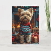 Yorkipoo-hond met kerstcadeaus open haard kaart (Voorkant)