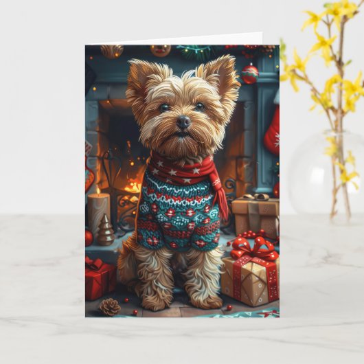 Yorkipoo-hond met kerstcadeaus open haard kaart (Gele Bloem)