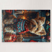 Yorkipoo hond met kerstcadeaus open haard legpuzzel (Horizontaal)