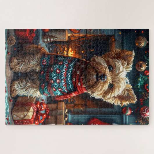 Yorkipoo hond met kerstcadeaus open haard legpuzzel (Horizontaal)