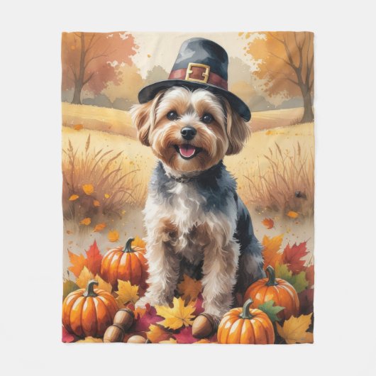 Yorkipoo in de herfst verlaat de Thanksgiving kuns Fleece Deken (Voorkant)