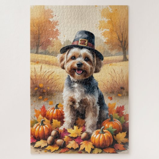 Yorkipoo in herfstbladeren Thanksgiving Kunst Legpuzzel (Verticaal)