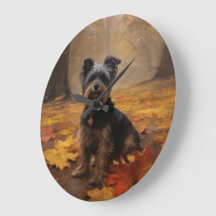 Yorkipoo in herfstbladeren vallen inspireren grote klok