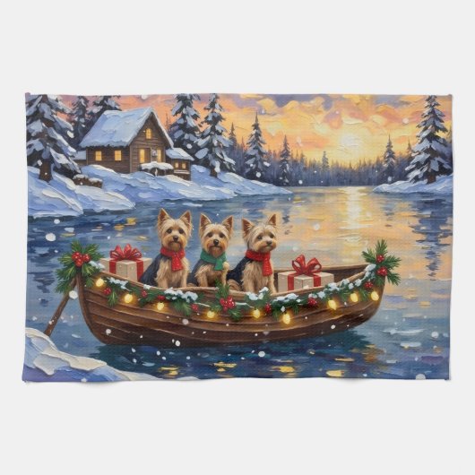 Yorkipoo Kerstboot Vakantie Theedoek (Horizontaal)