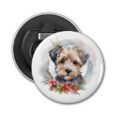 Yorkipoo Kerstkrans feestelijke pup Button Flesopener (Voorkant)