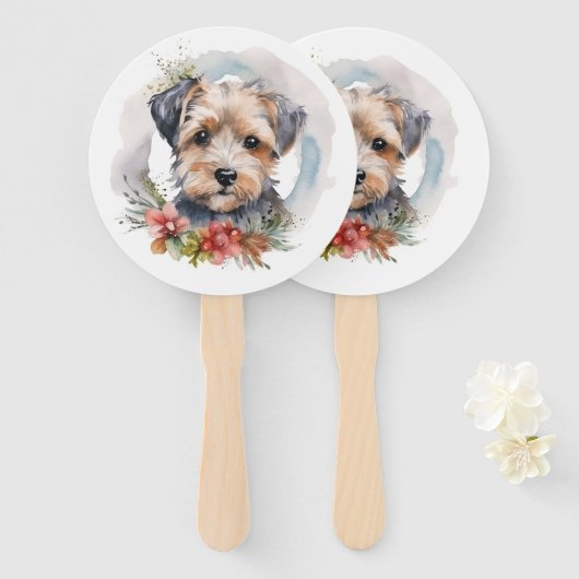 Yorkipoo Kerstkrans feestelijke pup Handwaaier (Voorkant en achterkant)