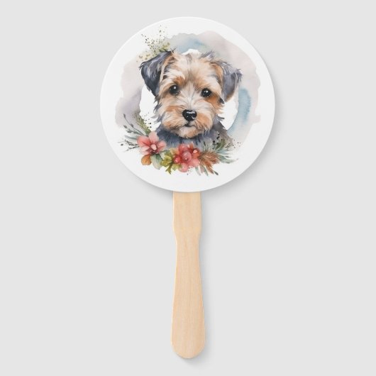 Yorkipoo Kerstkrans feestelijke pup Handwaaier (Voorkant)