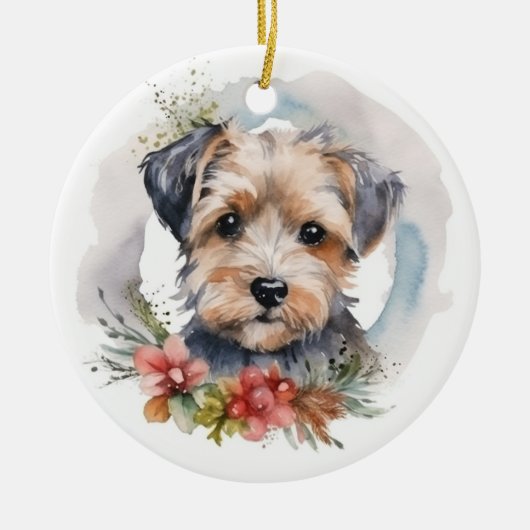 Yorkipoo Kerstkrans feestelijke pup Keramisch Ornament (Voorkant)
