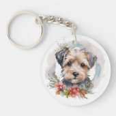 Yorkipoo Kerstkrans feestelijke pup Sleutelhanger (Voorkant)
