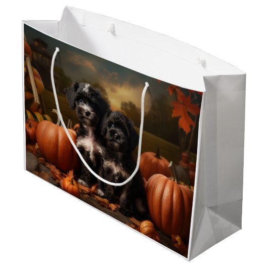 Yorkipoo Puppy Herfst Delight Pompoen Groot Cadeauzakje (Achterkant Gekanteld)