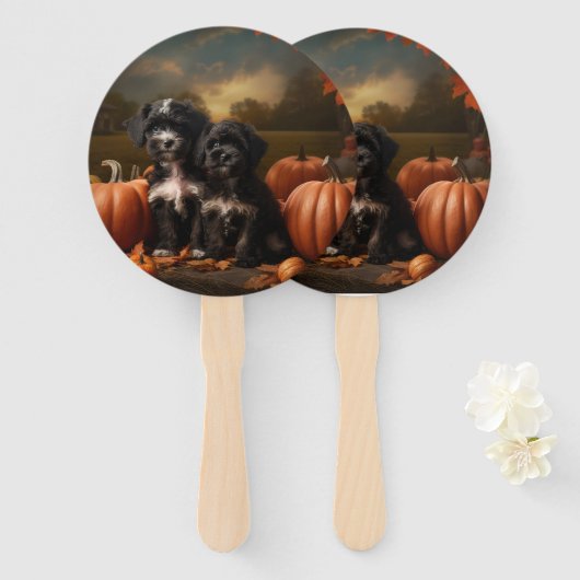 Yorkipoo Puppy Herfst Delight Pompoen Handwaaier (Voorkant en achterkant)