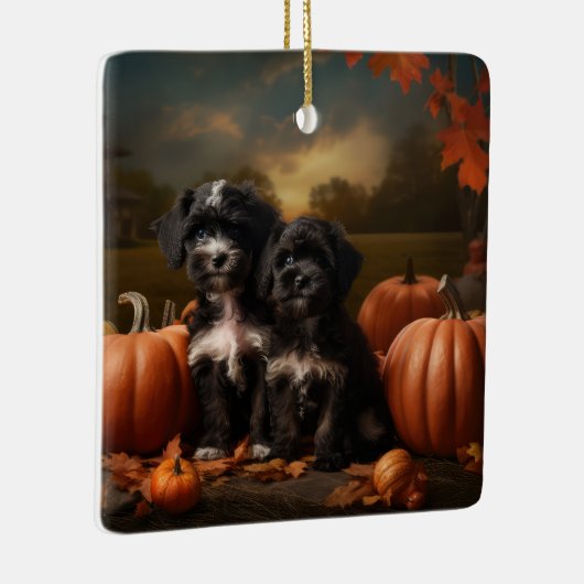 Yorkipoo Puppy Herfst Delight Pompoen Keramisch Ornament (Rechts)