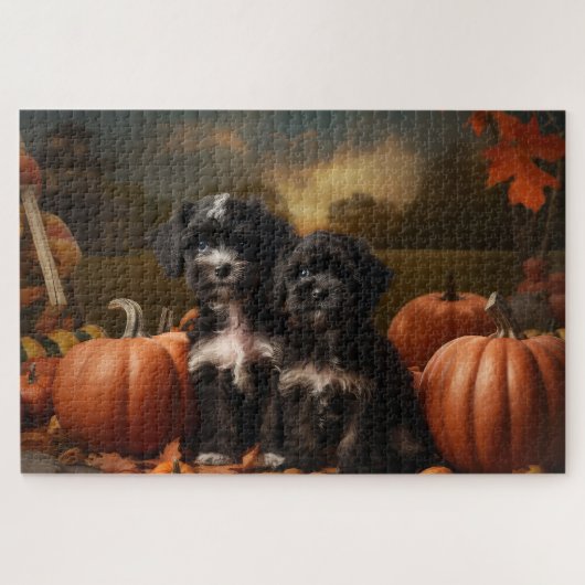 Yorkipoo Puppy Herfst Delight Pompoen Legpuzzel (Horizontaal)