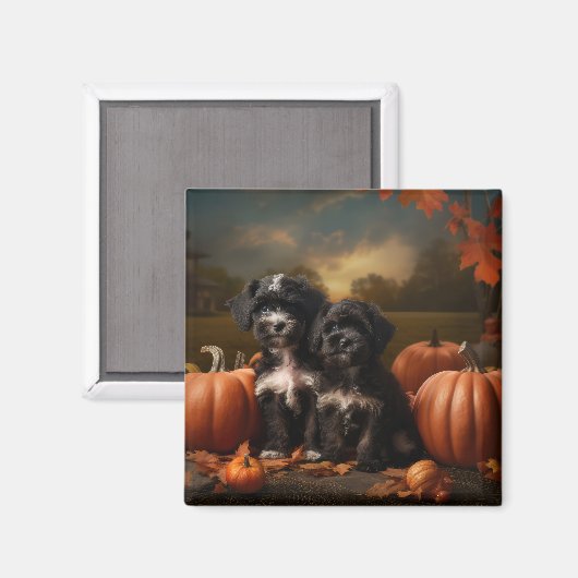 Yorkipoo Puppy Herfst Delight Pompoen Magneet (Voorkant / Achterkant)