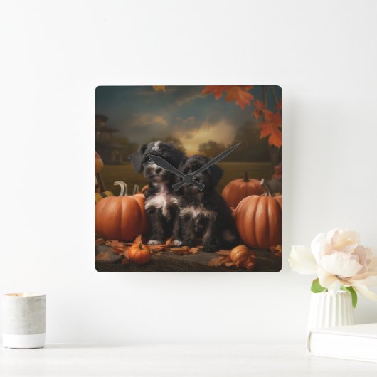 Yorkipoo Puppy Herfst Delight Pompoen Vierkante Klok (Huis)