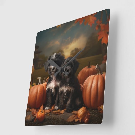 Yorkipoo Puppy Herfst Delight Pompoen Vierkante Klok (Hoek)