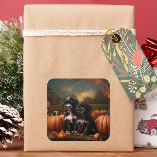Yorkipoo Puppy Herfst Delight Pompoen Vierkante Sticker (Feestdagen)